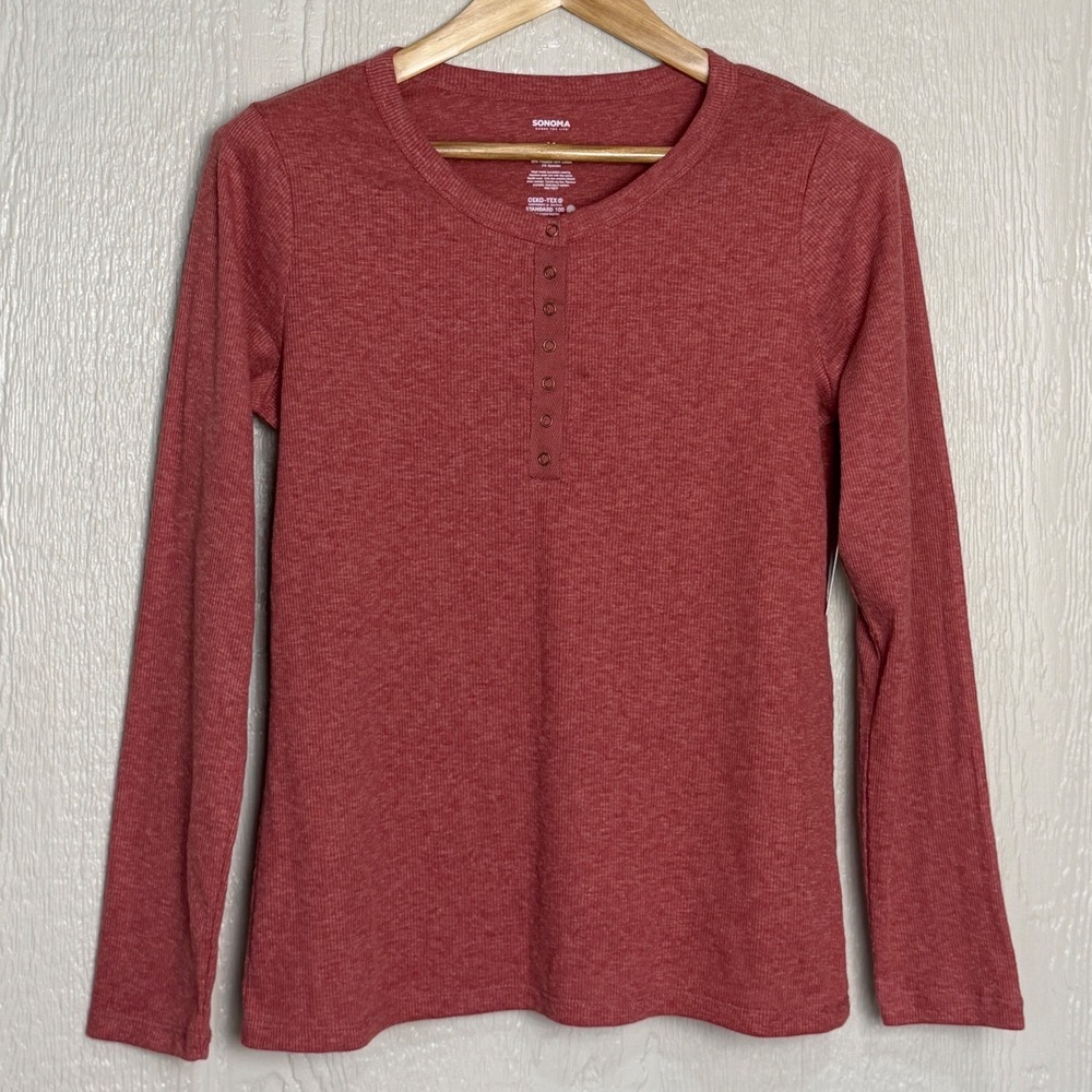 Sonoma Goods For Life Womens Long Sleeve Ribbed Henley Top Rose Red Size M NEW
